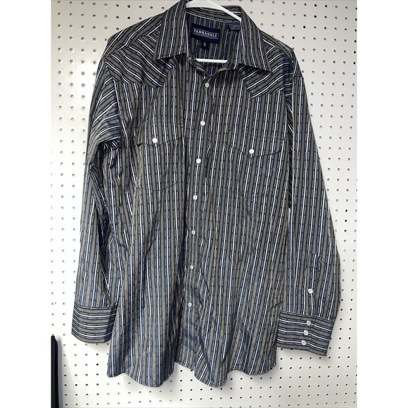 Panhandle Slim Mens Lg 16 1/2 - 35 Pearl Snap Long Sleeve Shirt Blue Gray Stripe - Picture 1 of 5